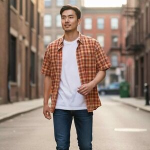 Men's St. John's Bay Plaid Button Up Shirt Orange‎ Check 100% Cotton Size L